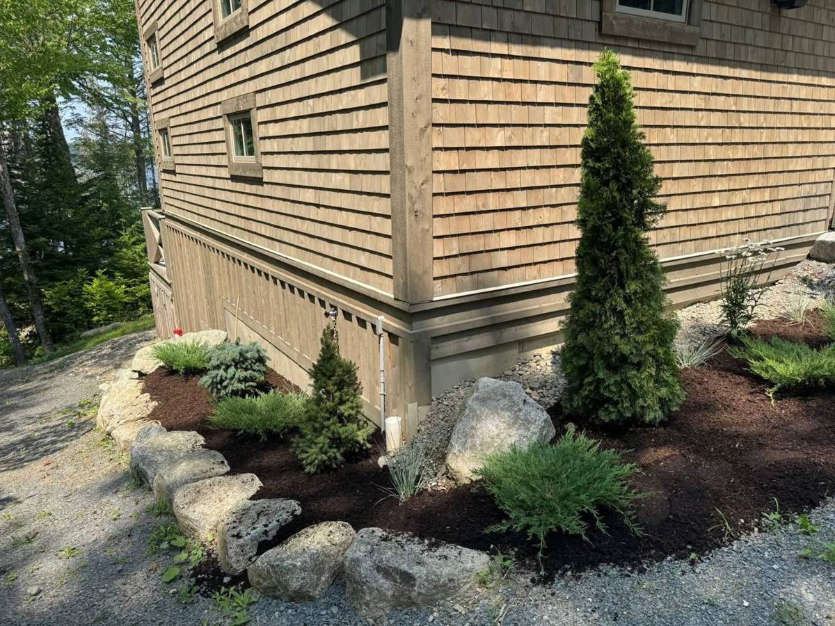 Foundation planting with fieldstone edging